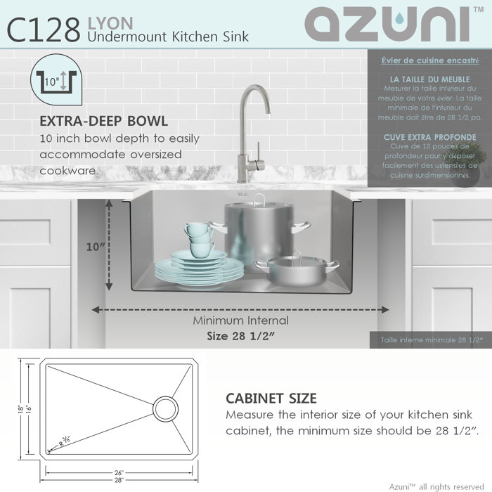AZUNI 28 inch Undermount Reversible Single Bowl Kitchen Sink with